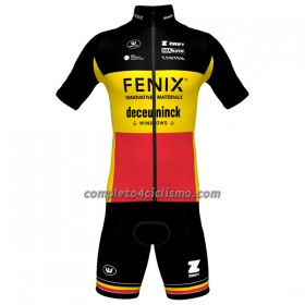 Completo Maglia + Pantaloncino con bretelle 2023 Fenix-Deceuninck Campione Del Belgio Manica Corta Giallo Rosso Nero